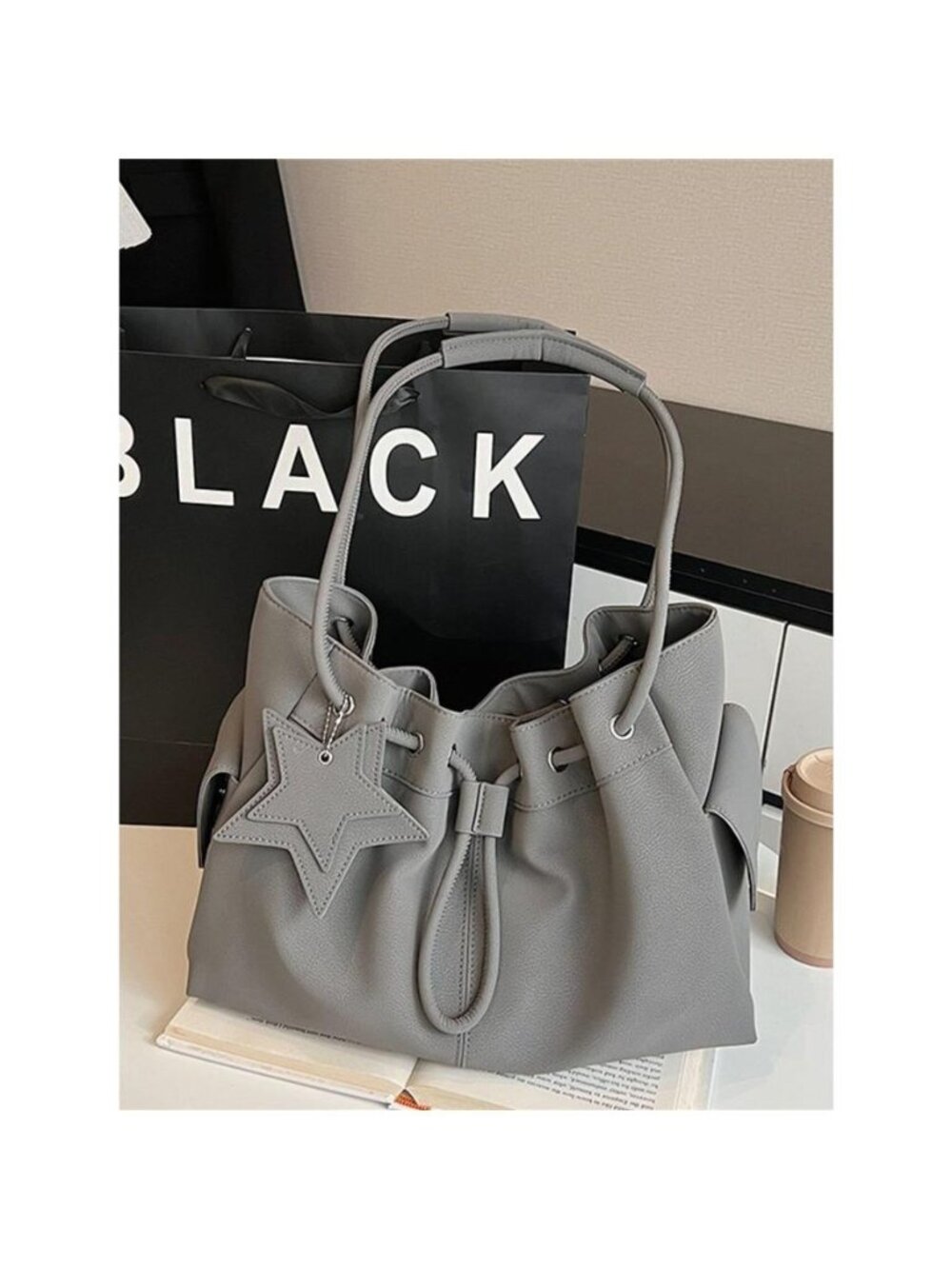 Drawstring Shoulder Bag with Star Charm - Picture 2 of 4